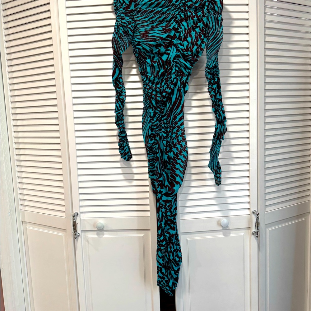 Mugler printed mesh midi dress in star cherry & turquoise